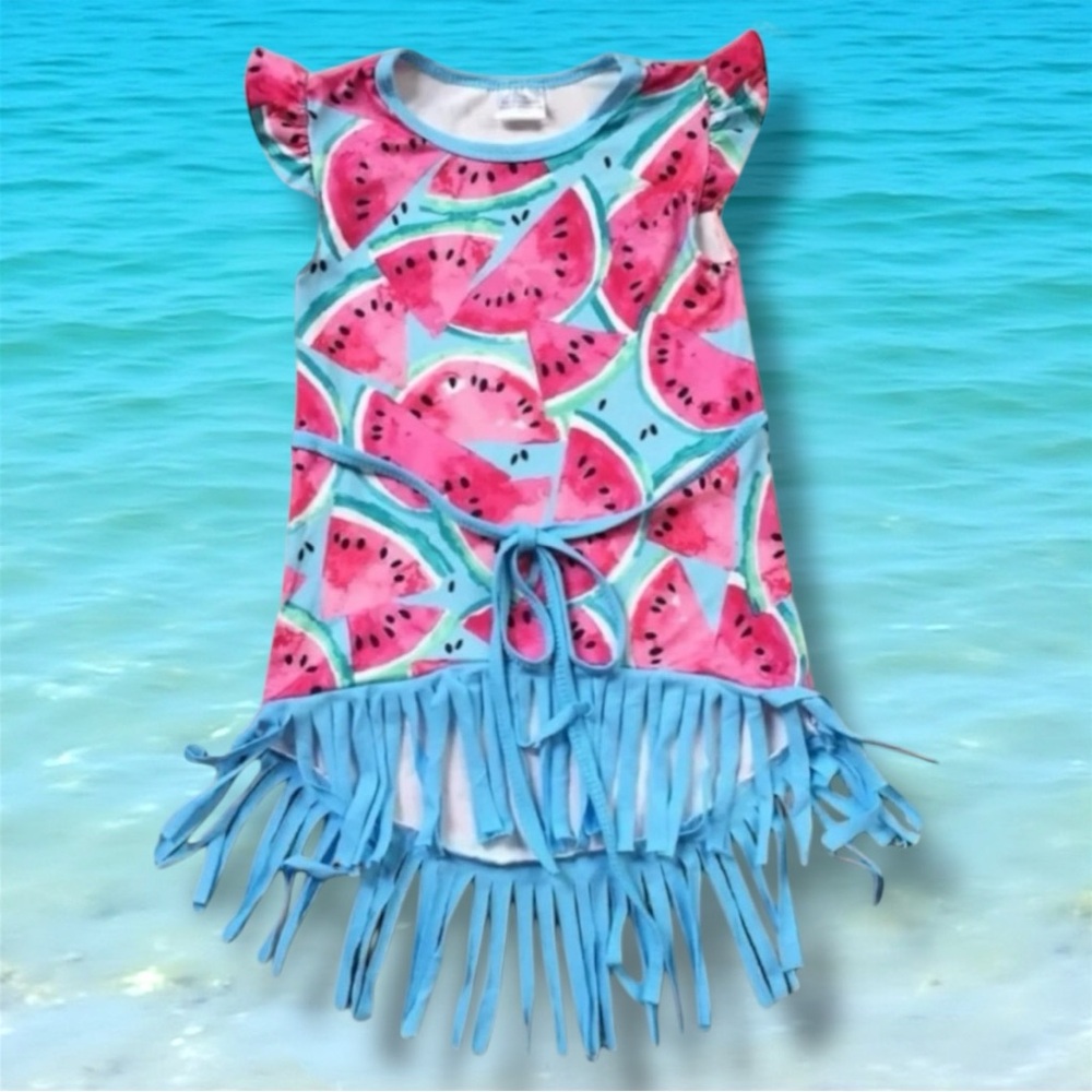 👚2/$10👗3/$12 Fringe Bottom Flutter Sleeve Watermelon High Low Cover Up Size L 5T